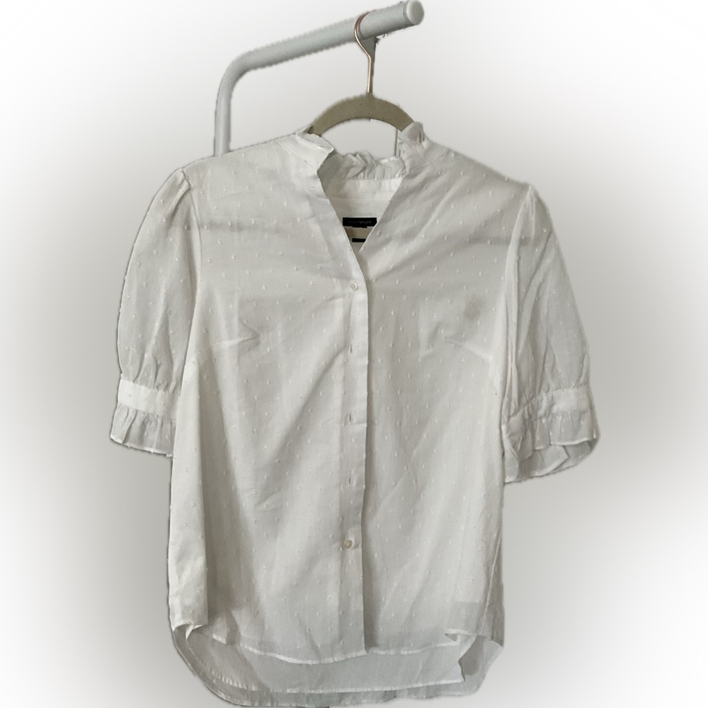 Ann Taylor White Button Down Shirt with Cuffed Sleeves and Mandarin Collar